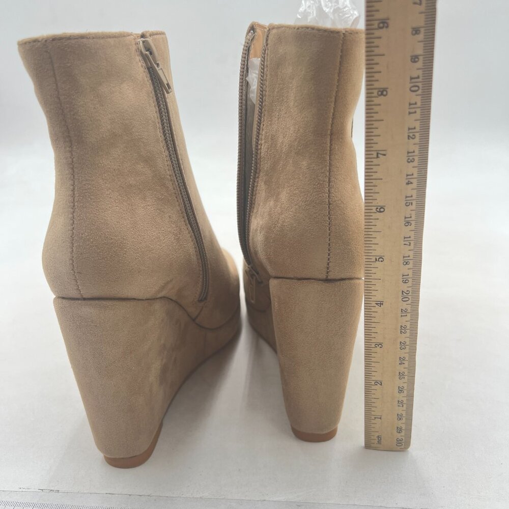 Beige Platform Rounded Toe Ankle Boots Side Zipper High Heel Wedge Short Boot - Picture 4 of 7